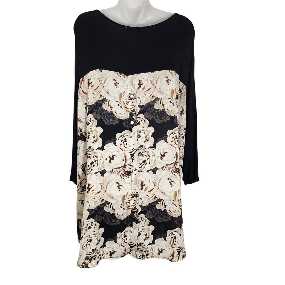 Rose & Olive Womens Tunic Top 3X Black Ivory Floral Button Back 3/4 Sleeve Roses